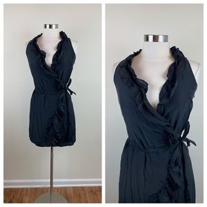 Ann Taylor LOFT Solid Black Ruffle Cotton Silk Wrap Dress Women 2 Petite